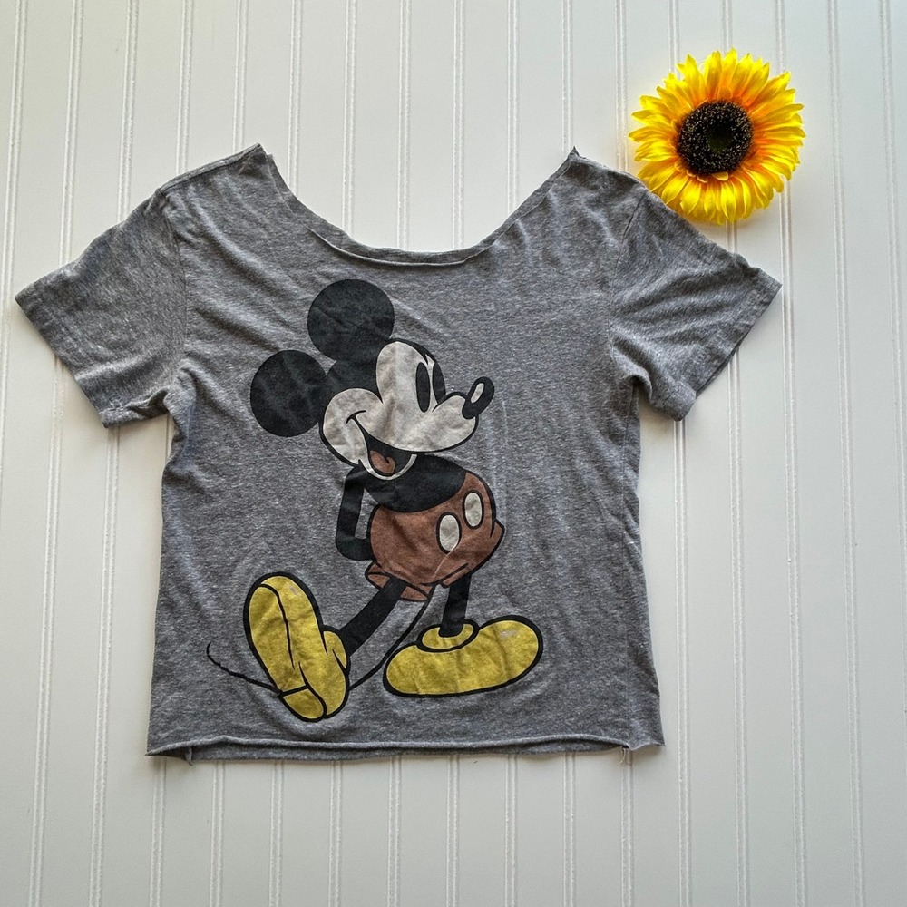 Disney Mickey Mouse Tee Size M Women Gray Raw Cut Cropped Graphic Shirt